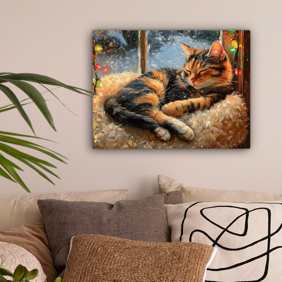 LEINWANDBILD Katze - Weihnachten - Winter - Tier Wandbild 40x30 cm - Bernsteinfarben, Textil (40/30cm) - MuchoWow