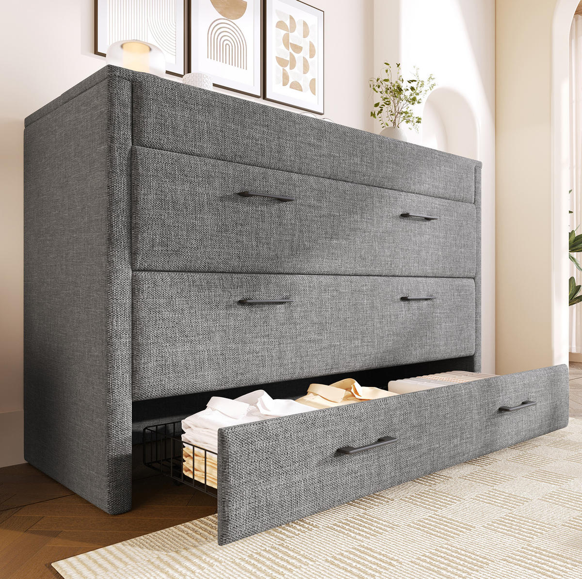 SCHRANKBETT aus Leinen und MDF 140x200 cm Grau mit Schublade, Ablagefach sowie USB- und Typ-C-Anschlüssen - Grau, Textil (90/200cm) - IVMEU
