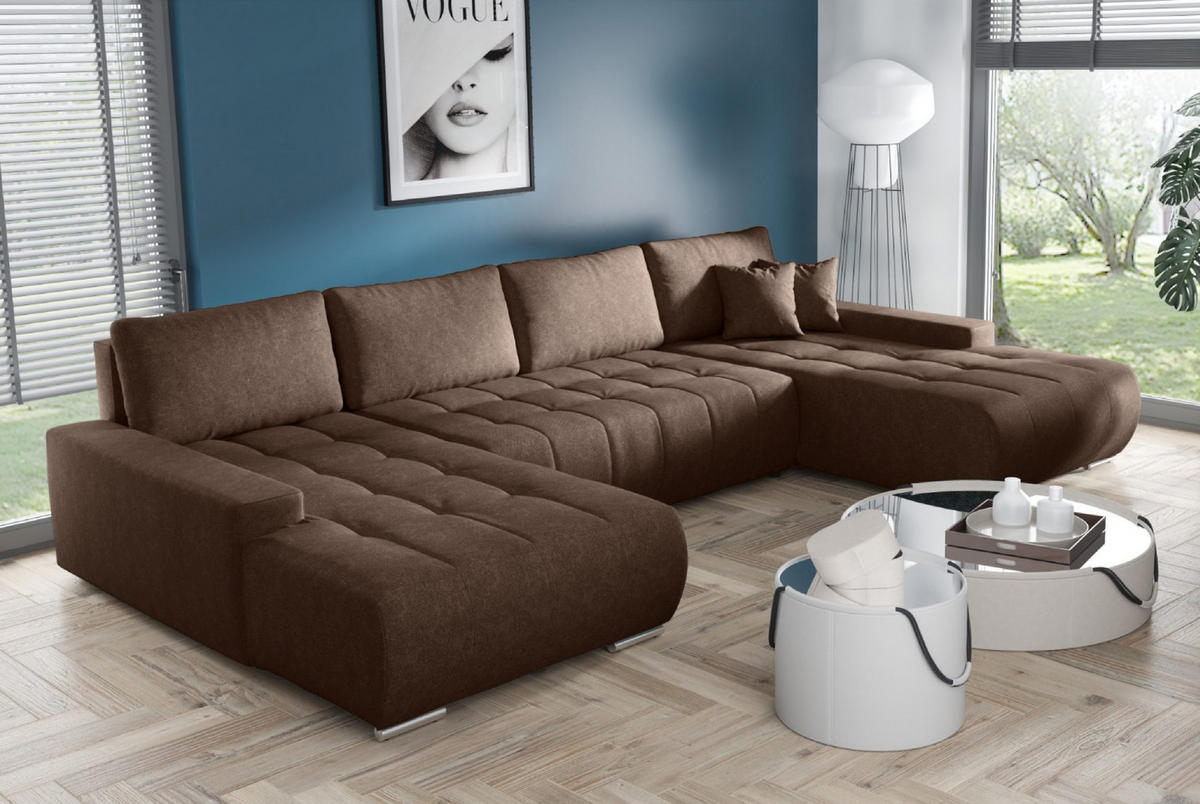 WOHNLANDSCHAFT mit Schlaffunktion Dhaka U, Braun - Dunkelbraun, Textil (185/85/350cm) - Fedve