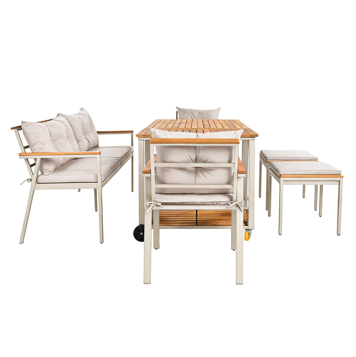 GARTENSET aus Akazienholz Beige/Natur mit Servierwagen, wasserabweisenden Kissen und Rollen - Beige, Metall - Modfu