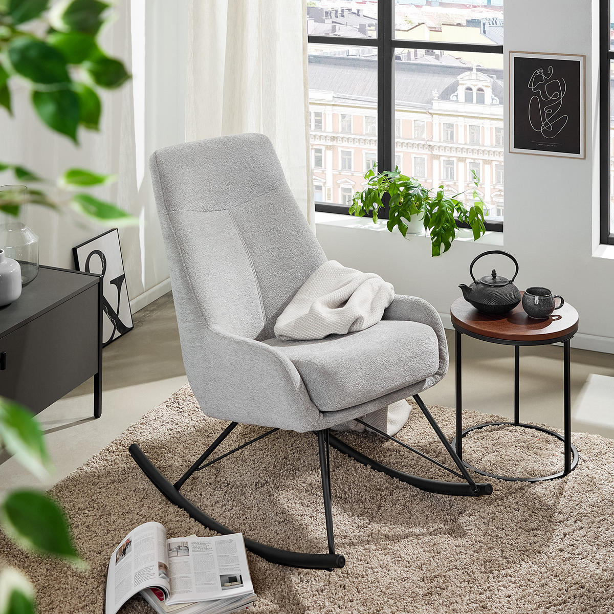 SCHAUKELSTUHL - Grau - Chenille - Eisen - 63 x 98 x 98 cm - Hellgrau/Schwarz, Textil/Metall (63/98/98cm) - home24