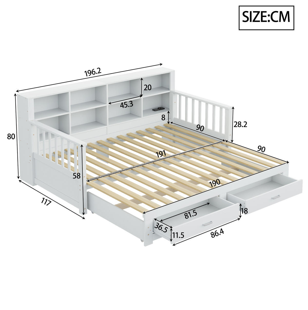 SCHLAFSOFA 90/190 cm ausziehbar mit Steckdose, Stauraum und 2 Schubladen, Weiß - Weiß, Holzwerkstoff (117/80/196.2cm) - Redom