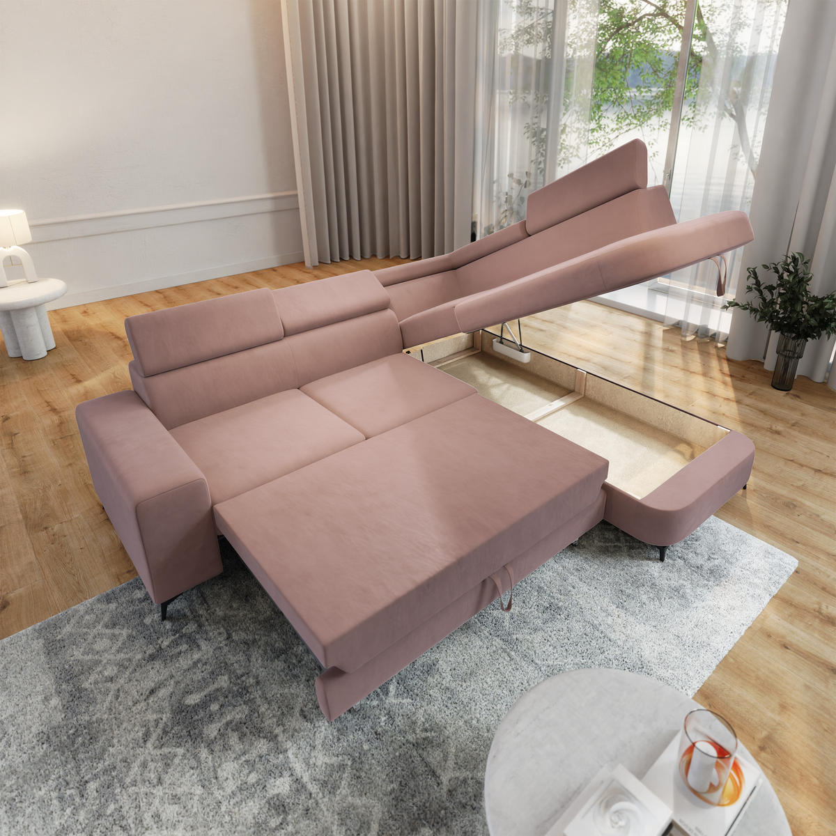 ECKSOFA ALVORO R-S Rosa Velours-Stoff mit Schlaffunktion - Rosa, Holz (253/190cm) - MASSENO