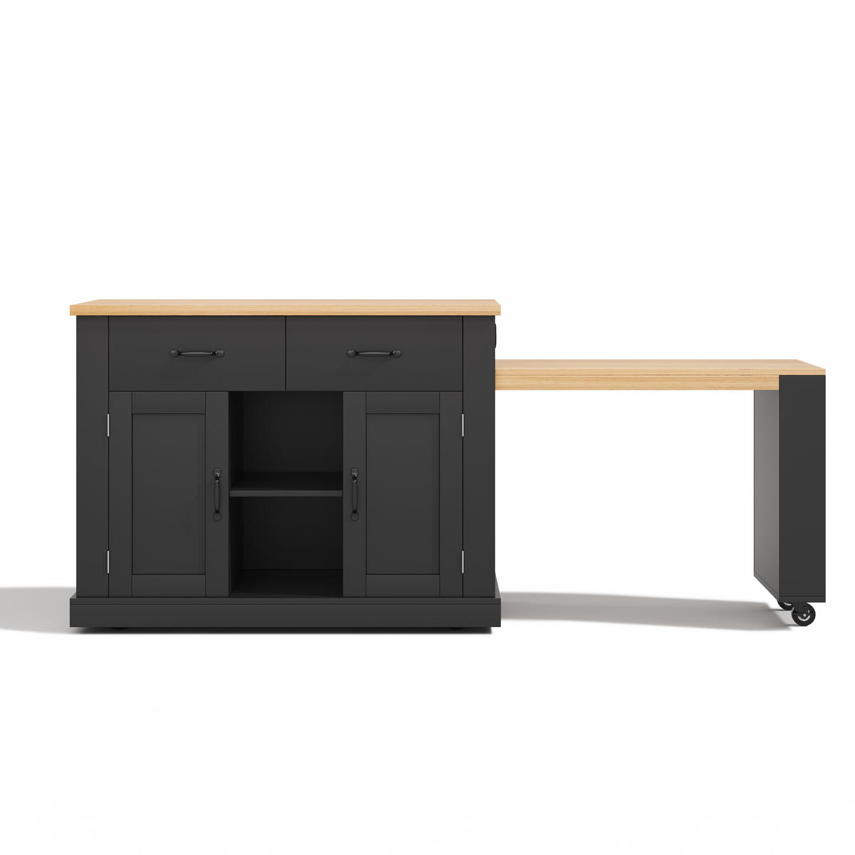 KÜCHENINSEL 133.5/60/93 cm Schwarz mit 2 Schubladen, ausziehbarem Esstisch und verstellbaren Regalen - Schwarz, Holz (60/93/132cm) - Oxeza