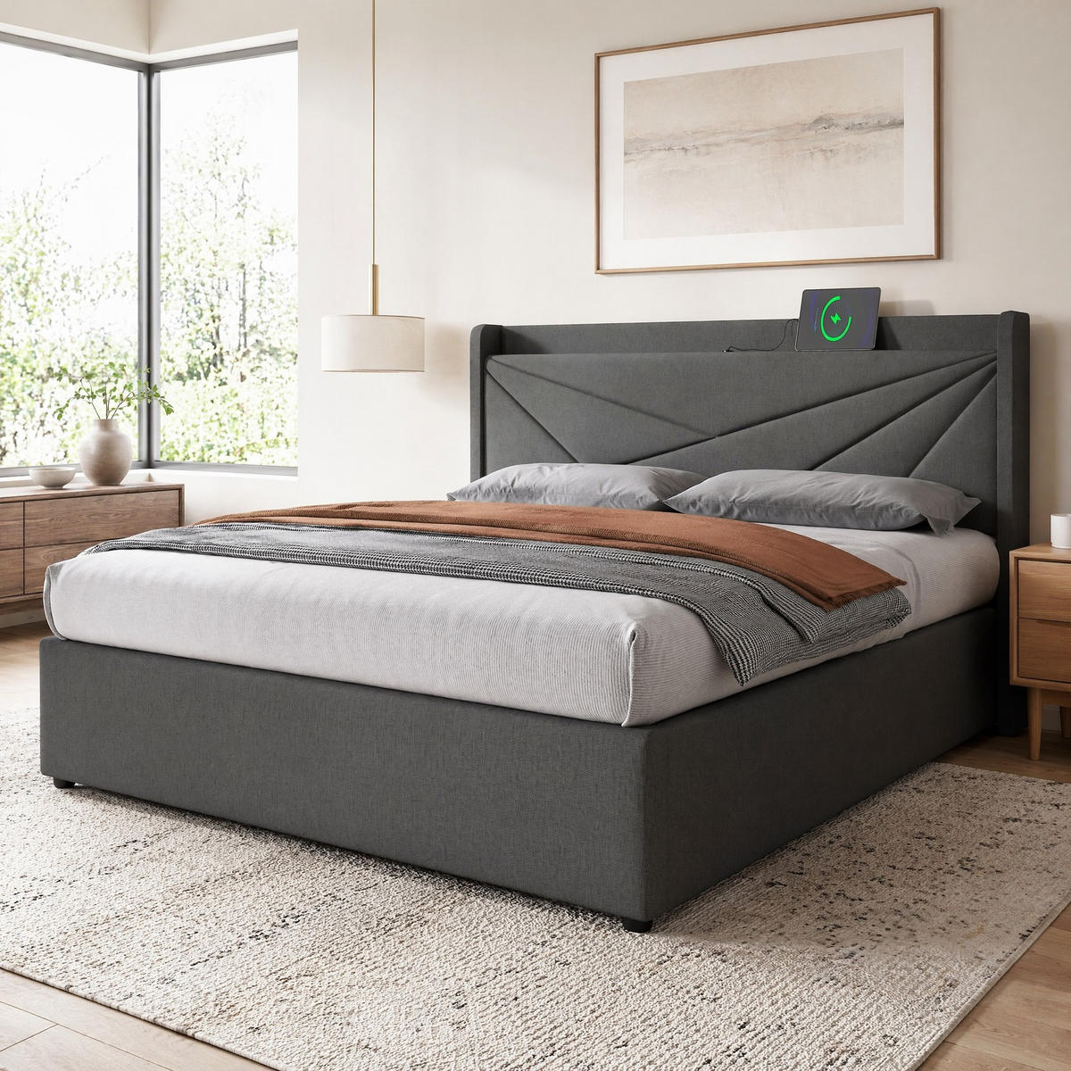 POLSTERBETT 160/200 mit Bettkasten, USB und Type-C in Grau - Grau, Holzwerkstoff/Textil (160/200cm) - EVRYAE