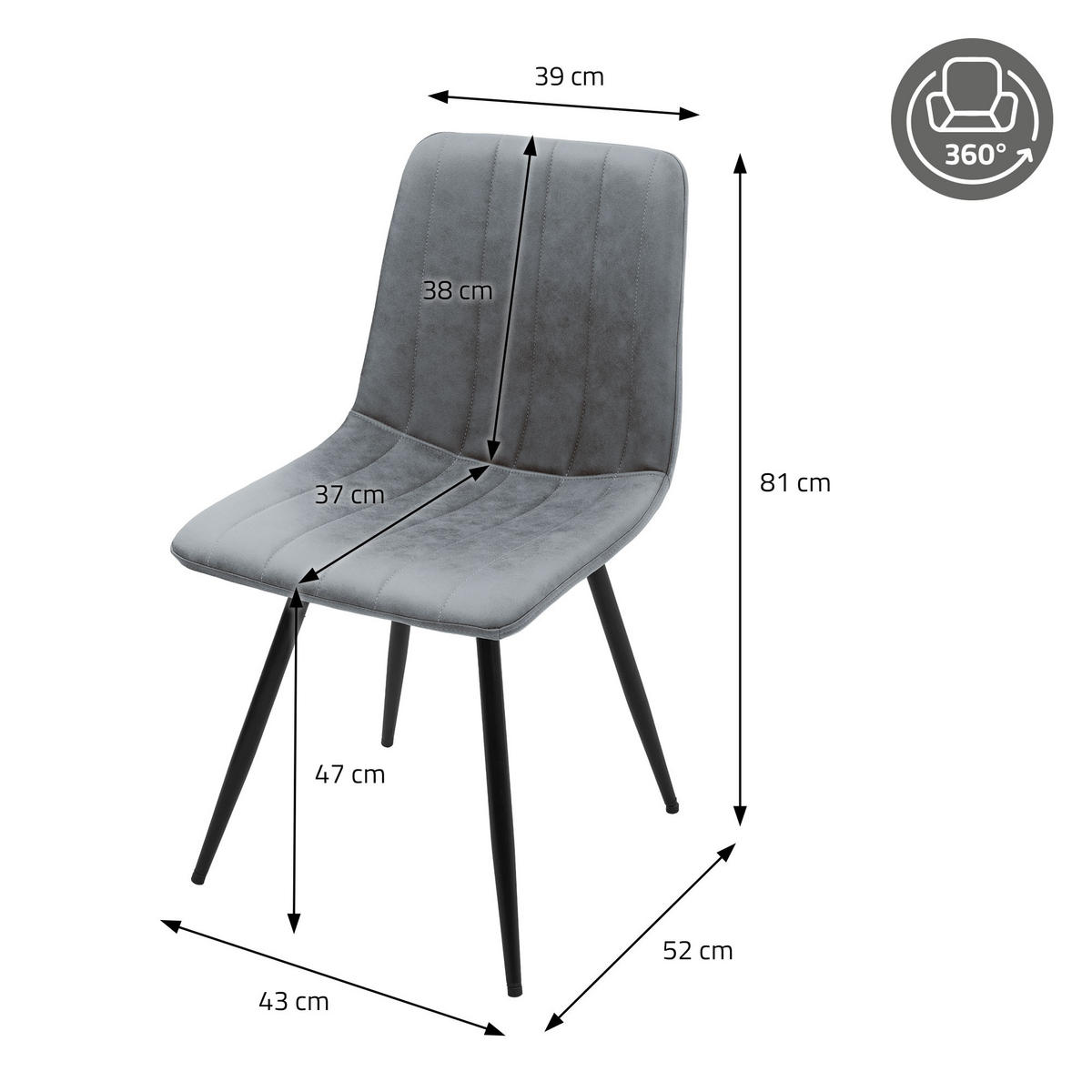 ESSZIMMERSTÜHLE 2er Set drehbar Küchenstühle gepolstert aus Kunstleder Anthrazit - Anthrazit/Schwarz, Textil/Metall (43/81/52cm) - ML-DESIGN