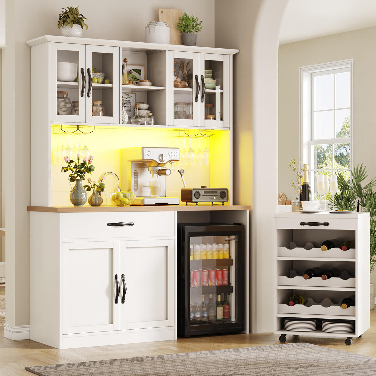 KÜCHENSCHRANK 140Cm LED Rollwagen Weinregal Glas - Weiß, Holzwerkstoff (140/180/38cm) - FLIEKS