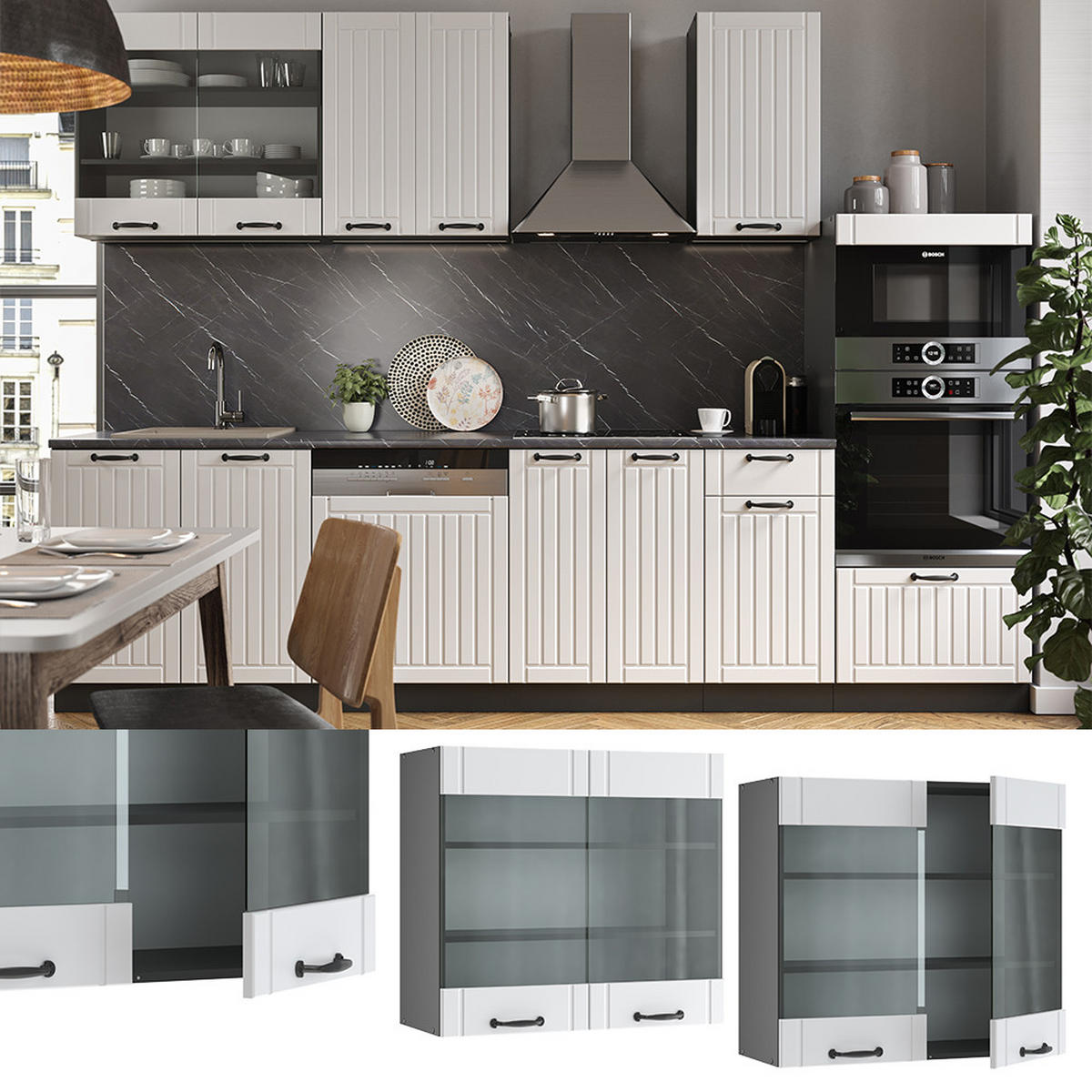KÜCHENGLASSCHRANK Fame-Line Weiß Landhaus 80 cm - Anthrazit/Weiß, Holzwerkstoff (80/72/34.1cm) - Vicco