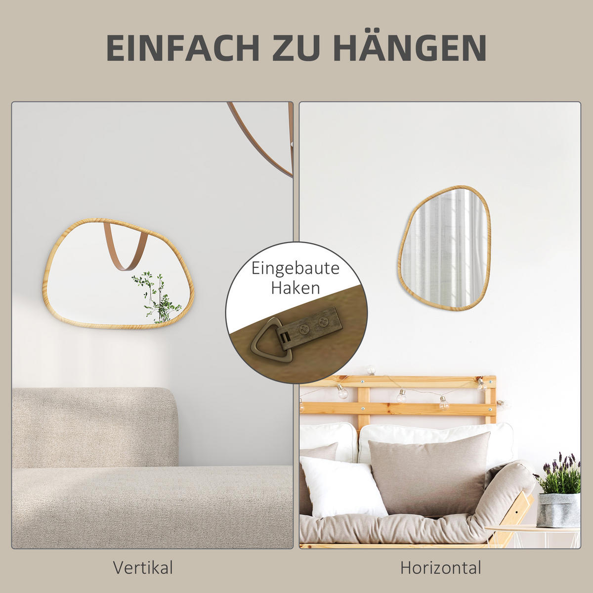 ASYMMETRISCH Wandspiegel, 80 x 60 cm Badezimmerspiegel mit Holzrahmen für Bad - Naturfarben, Glas/Holzwerkstoff (2.1/60/80cm) - HOMCOM