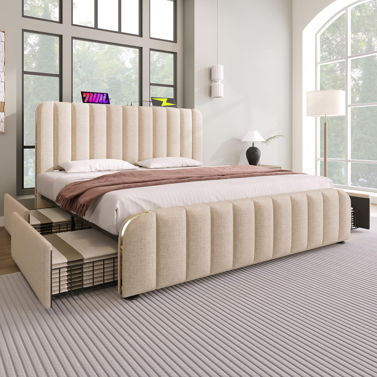 POLSTERBETT mit 4 Schubladen USB/Typ-C 180x200 cm Leinen Beige - Beige, Metall (180/200cm) - Meubliv