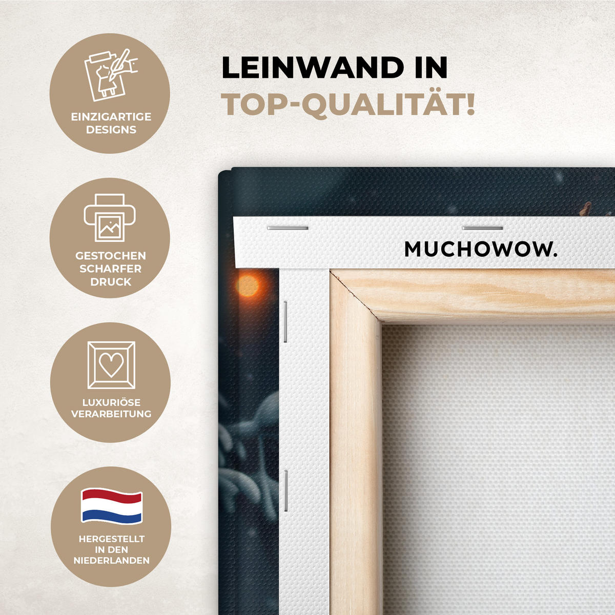 LEINWANDBILD Hirsch - Weihnachten - Winter - Schnee - Weihnachtskranz Gemälde 60x40 cm - Dunkelbraun, Textil (60/40cm) - MuchoWow