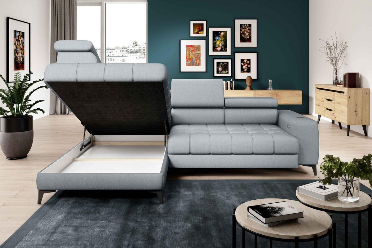 ECKSOFA BAGGIO Letto Stoff, Schlaffunktion, Bettkasten, Sitztiefe, Kopfstützen 280x196cm – Links – Hellgrau - Hellgrau, Holz/Textil (196/280cm) - DomoHome
