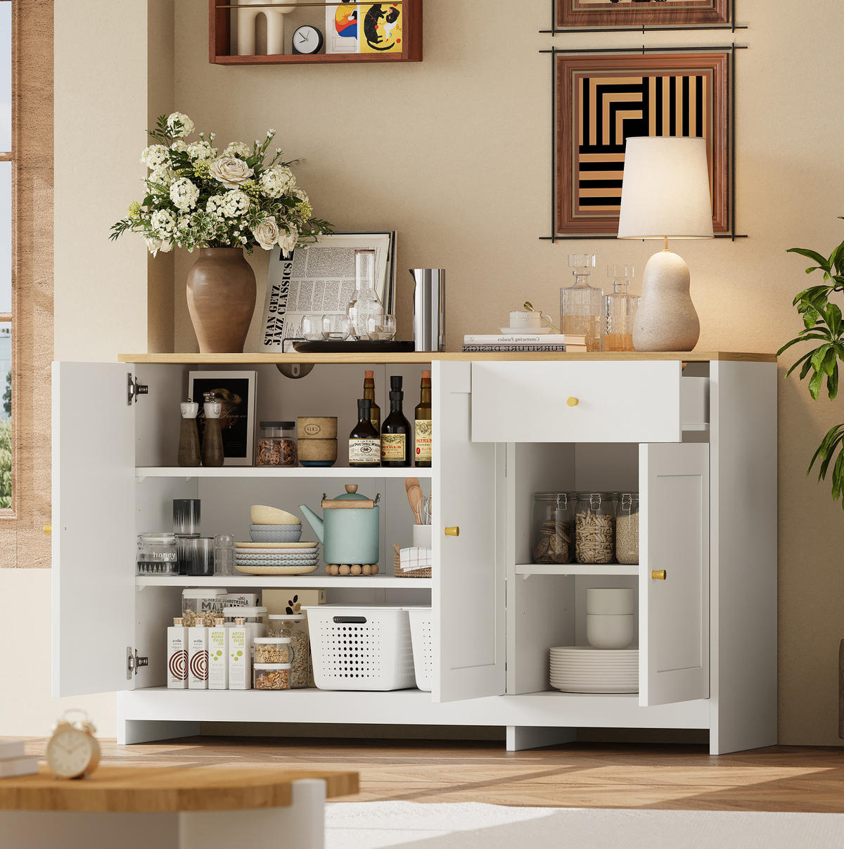 SIDEBOARD 120/40/75 cm mit 3 Türen & Schublade in Weiß und Natur - Weiß, Holzwerkstoff (120/75/40cm) - BEAOK
