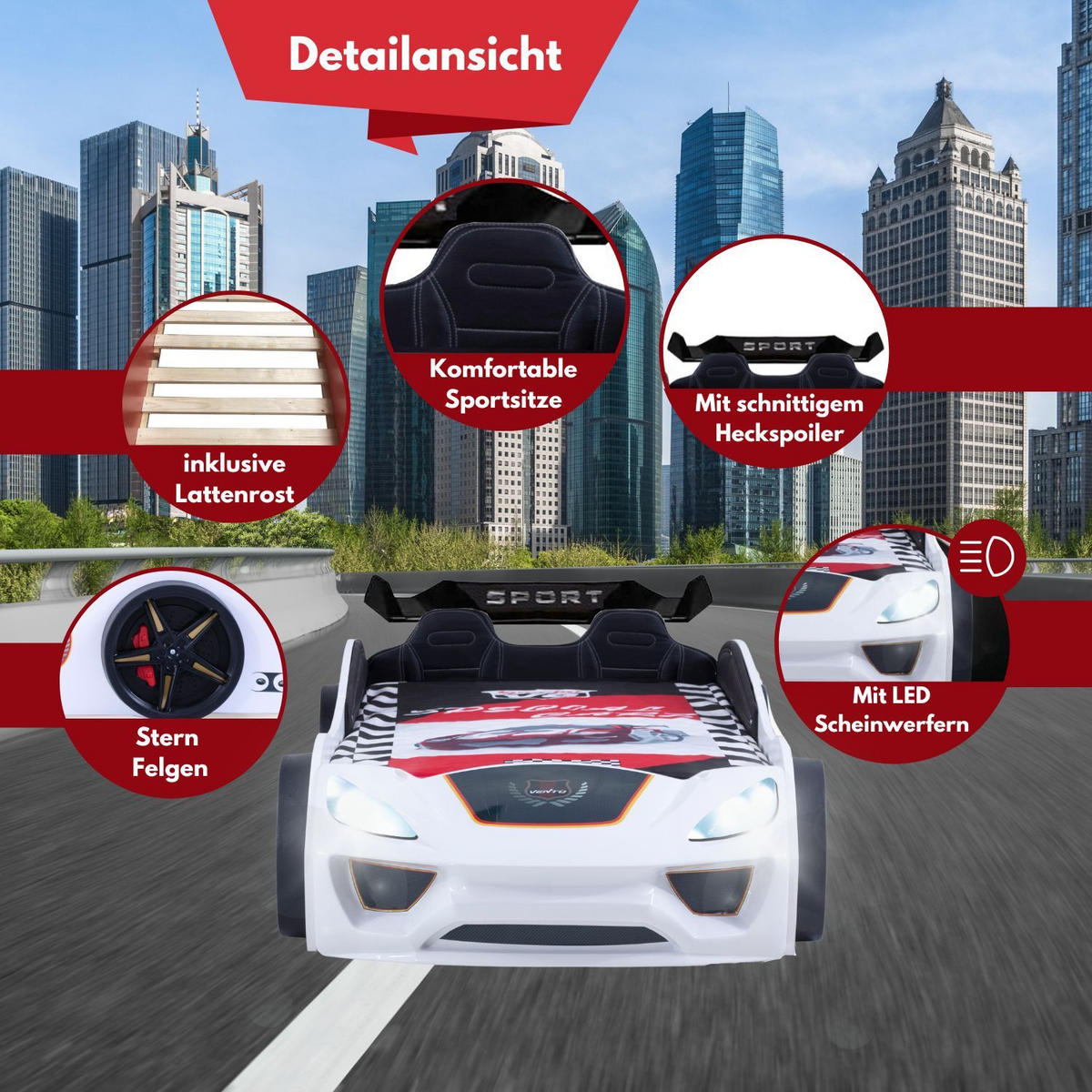 AUTOBETT VENTO SPORT in Weiß Kinderbett mit Lederpolster und Lattenrost - Weiß, Holzwerkstoff (90/200cm) - Coemo