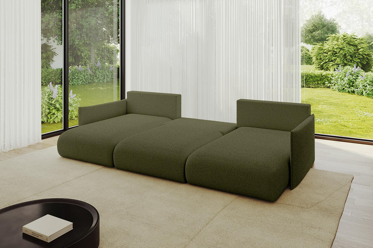 WOHNLANDSCHAFT mit Schlaffunktion und Bettkasten ONESK-U 317x177x72 Grün Bouclé - Olivgrün, Holzwerkstoff/Kunststoff (317/72/177cm) - ALTDECOR