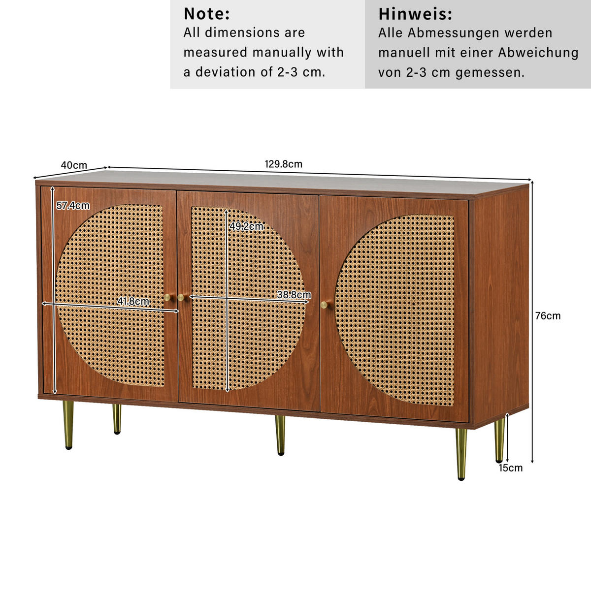 SIDEBOARD 129,8/40/76 cm in Walnuss mit Rattanfront und 3 Türen - Walnussfarben, Holzwerkstoff (129.8/76/40cm) - Flora Grace