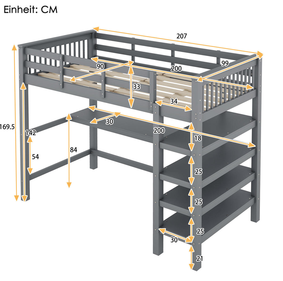 HOCHBETT 90/200 cm mit Schreibtisch, Ablagefächern und sicherem Geländer, Grau - Grau, Holzwerkstoff (90/200cm) - Redom