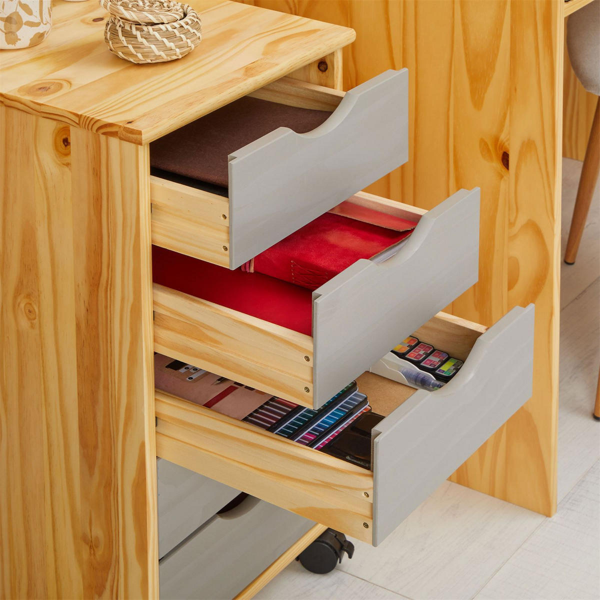 ROLLCONTAINER LAGOS - Naturfarben/Grau, Holz (35/65/40cm) - IDIMEX