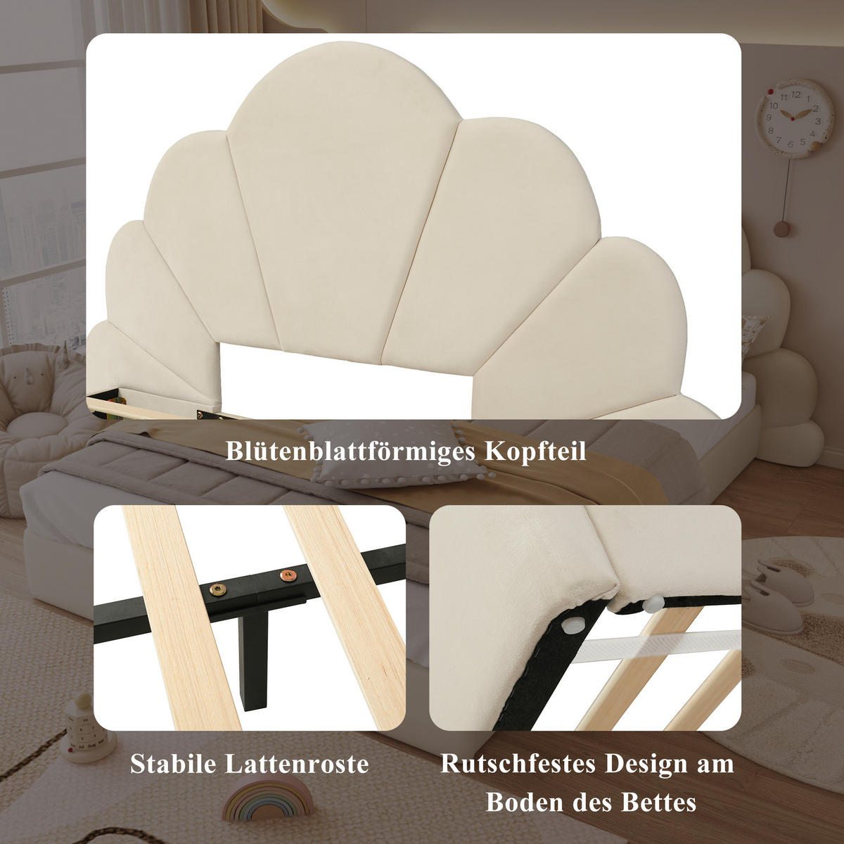POLSTERBETT 140/200 cm in Beige Samt - Beige, Holzwerkstoff/Textil (140/200cm) - WISHDOR