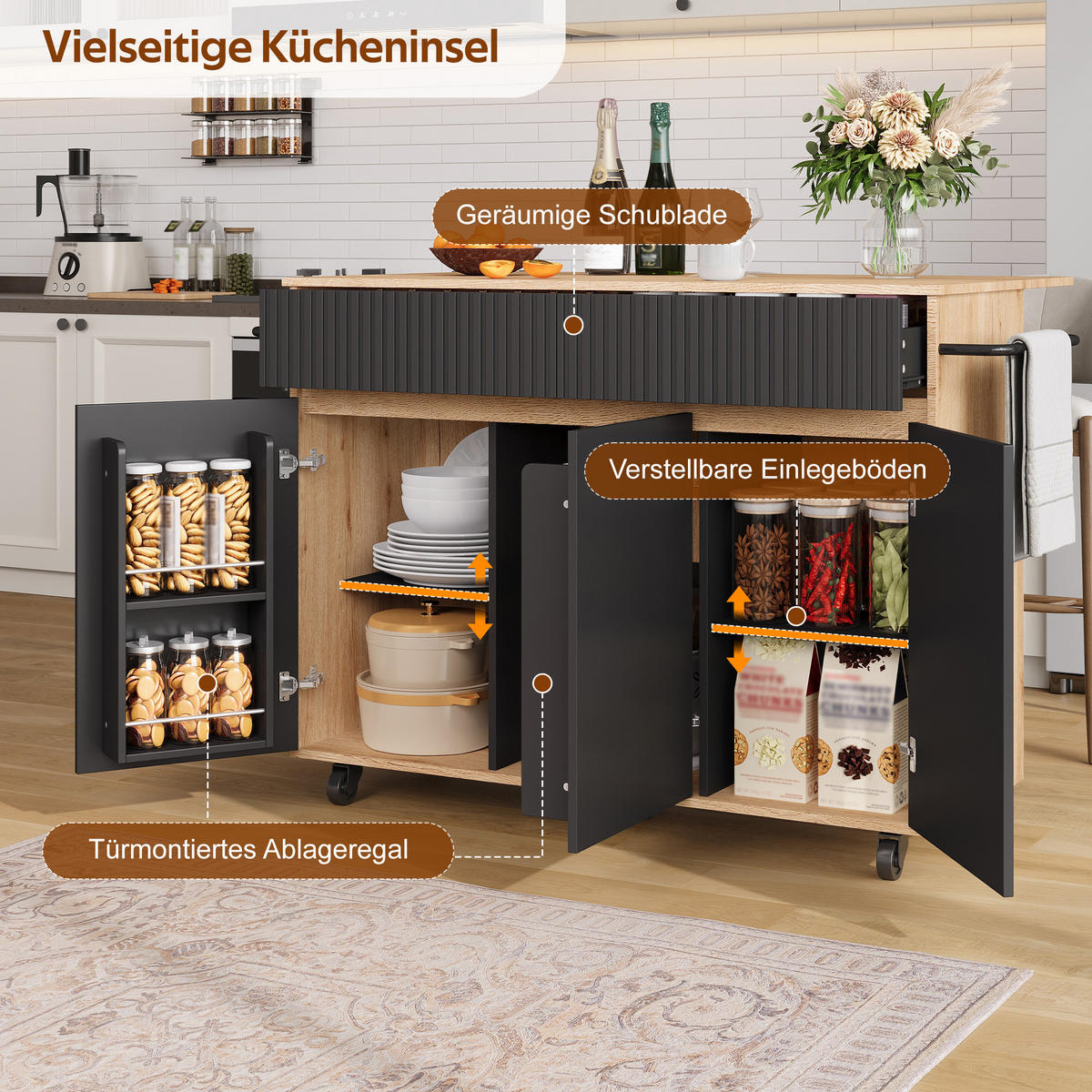 KÜCHENINSEL auf Rollen 120/65/91 cm Schwarz mit klappbarer Arbeitsplatte und 2 Schublade - Silberfarben/Schwarz, Holz/Holzwerkstoff (65/91/120cm) - Oxeza