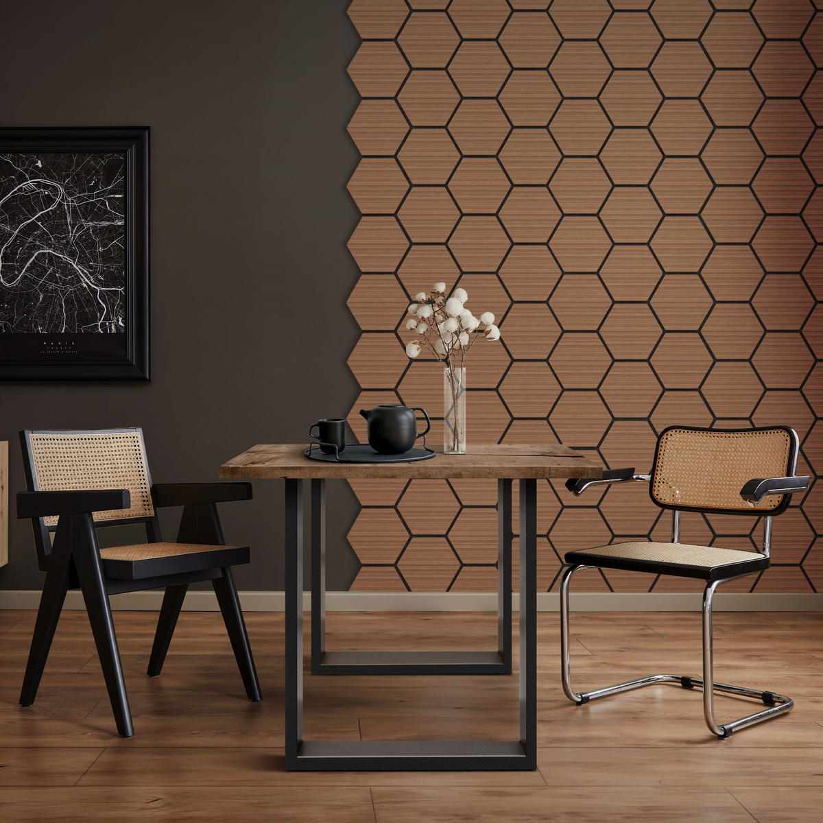 AKUSTIKPANEEL Echtholz 2er Set Teak Hexagon - Dunkelbraun, Holzwerkstoff (2.1/81.1/66.6cm) - ML-DESIGN