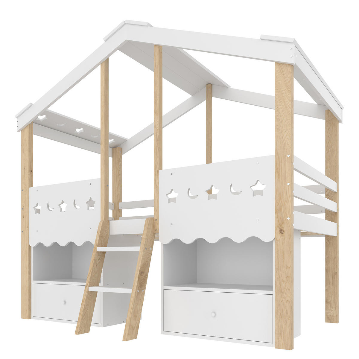 HOCHBETT 90/200 cm Hausform mit 2 Schubladen und LED-Beleuchtung in Weiß + Natur mit Matratze - Weiß, Holzwerkstoff (90/200cm) - OKWISH