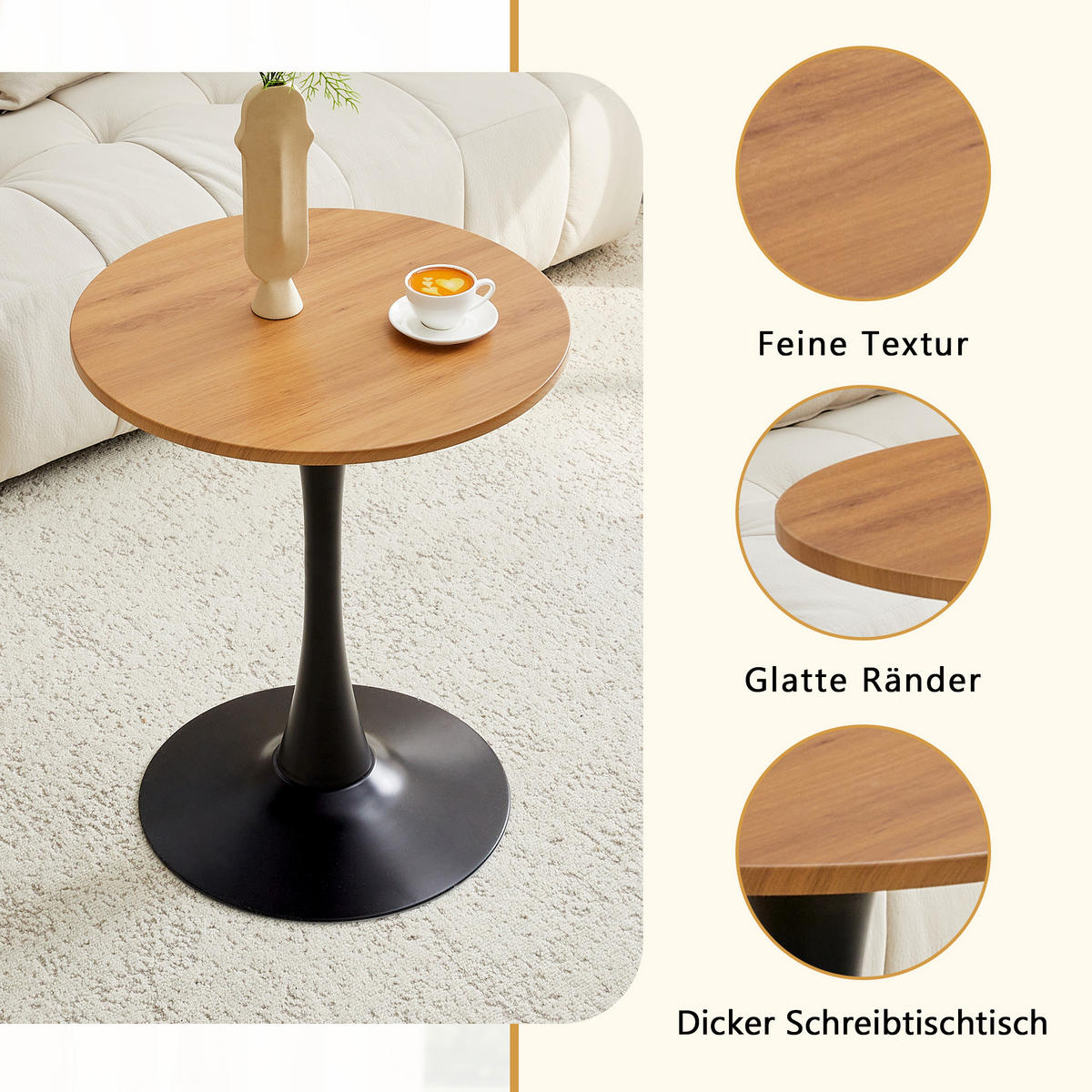 BEISTELLTISCH rund 60/60/72 cm Schwarz Holzoptik aus MDF mit Metallfuß - Naturfarben, Holzwerkstoff (60/60/72cm) - OKWISH