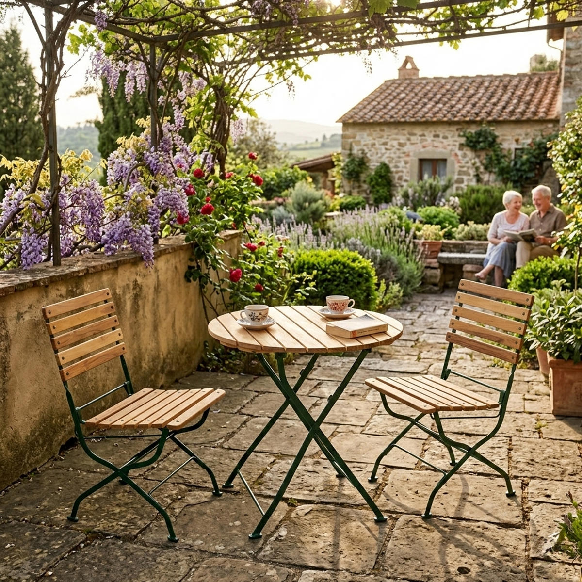 SITZGRUPPE Newcastle 3-teilig, Gartenmöbel Set 2 Personen - Flachstahl - Robinienholz -Bistrotisch Set mit 2 Stühlen - dunkelgrün - Grün, Holz - TPFGarden