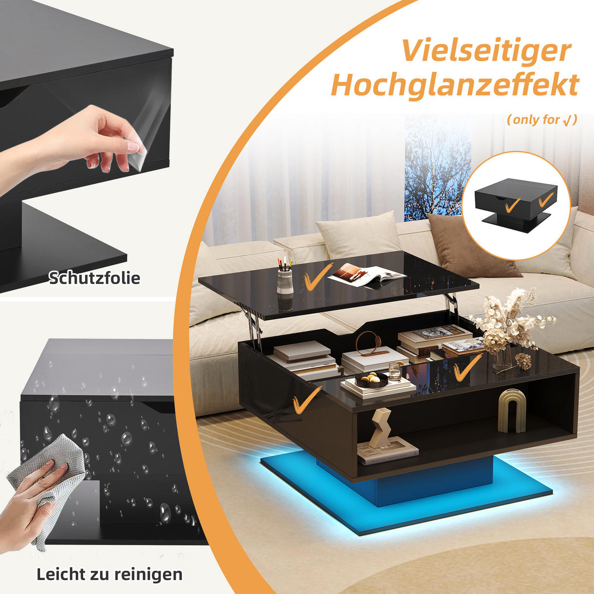 COUCHTISCH DE-188 mit Hydraulischem Aufzug Schwarz - Schwarz, Holzwerkstoff (75/80/40cm) - ComfortXL