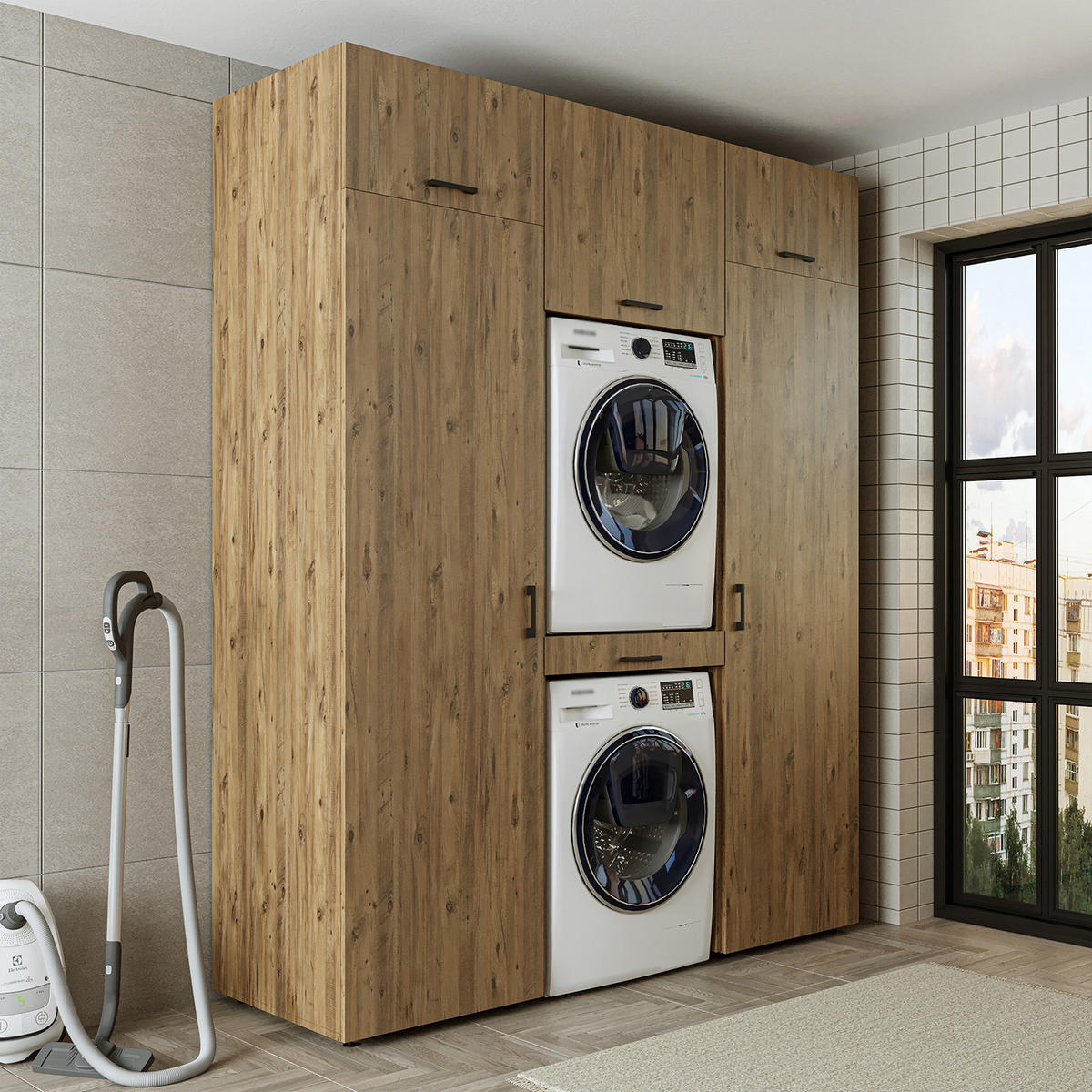 WASCHMASCHINENSCHRANK DUO-I 187cm Breit, 240cm Hoch - Eichefarben, Holzwerkstoff (187/240/67cm)