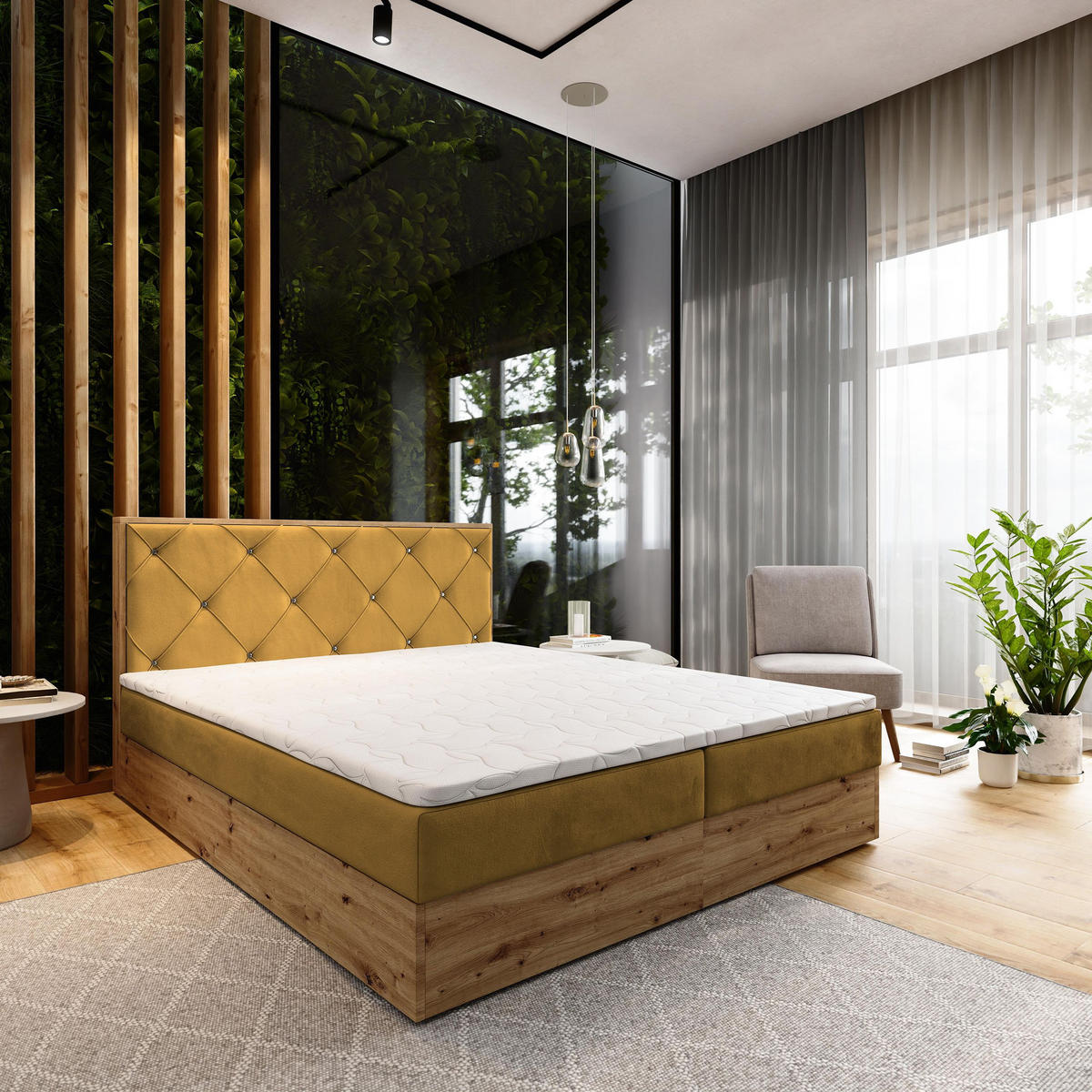 BOXBETT FOSCO 180x200 cm mit Matratze und Topper - Gelb - Gelb, Holz (180/200cm) - MASSENO