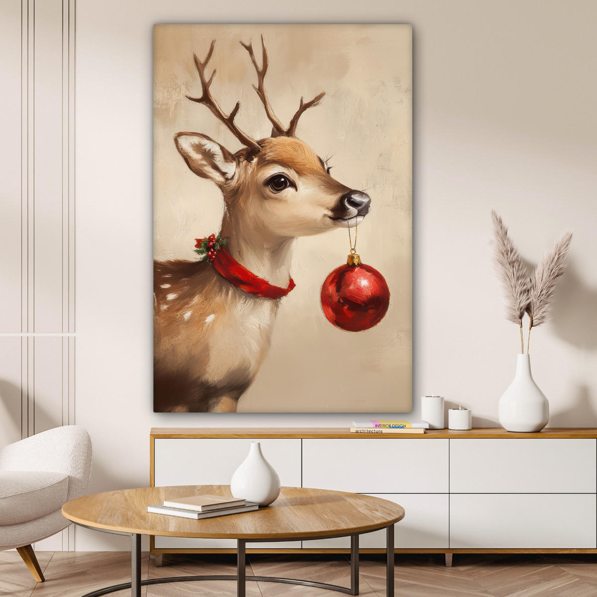 LEINWANDBILD Weihnachten - Hirsch - Geweih - Weihnachtskugel - Rentier Deko XXL 80x120 cm - Hellbraun, Textil (80/120cm) - MuchoWow