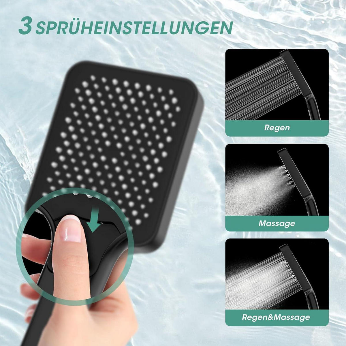 DUSCHKOPF mit Schlauch 2M, Hochdruck, Regendusche, Wassersparend, Chrom - Schwarz, Metall (12/12.7/25.7cm)