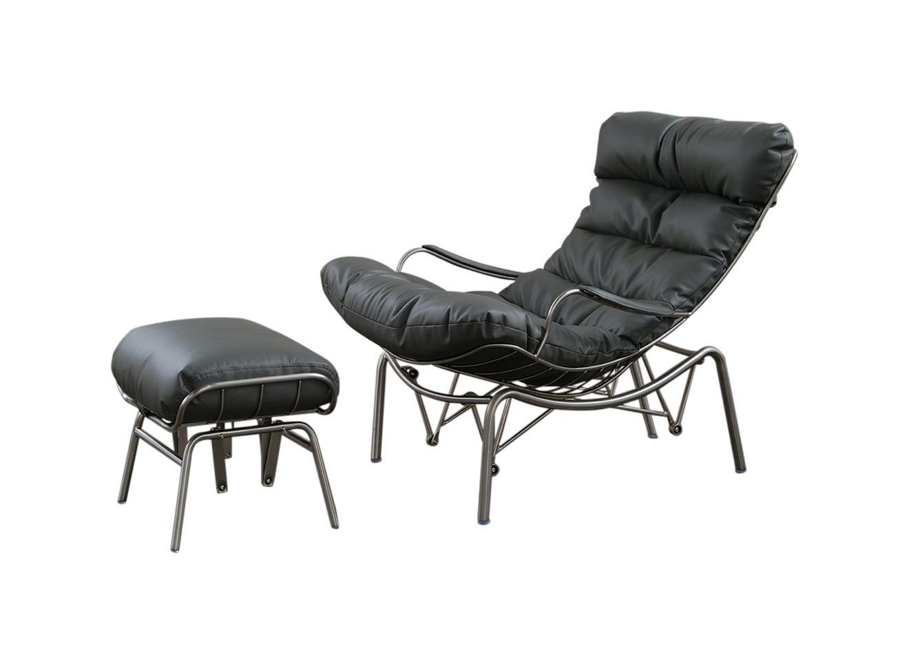 SESSEL MIT HOCKER ROWA Grau Leder - Silberfarben/Grau, Leder/Metall (77/88/103cm) - KAWOLA