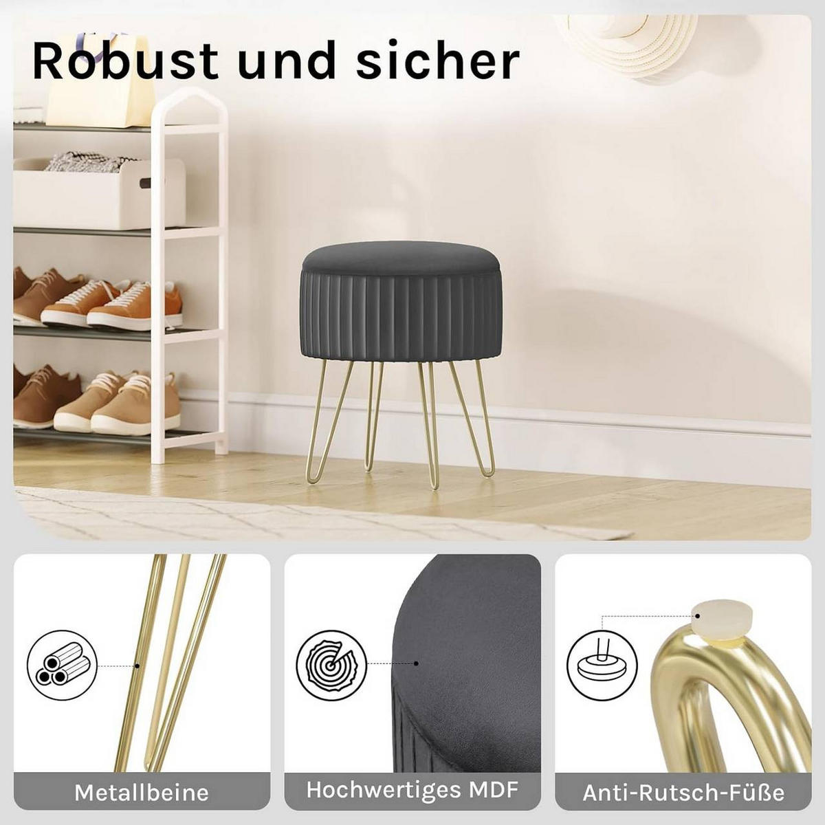 SITZHOCKER mit Stauraum, φ31,5xH37,5 cm, Dunkelgrau - Dunkelgrau/Goldfarben, Holzwerkstoff/Kunststoff (31.5/37.5/31.5cm) - Woltu