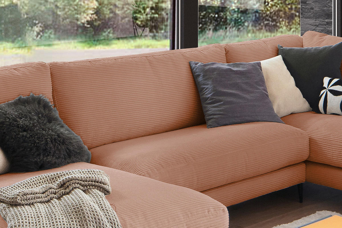 WOHNLANDSCHAFT CARA Braun Cord - Dunkelbraun/Schwarz, Textil (341/84/223cm) - KAWOLA