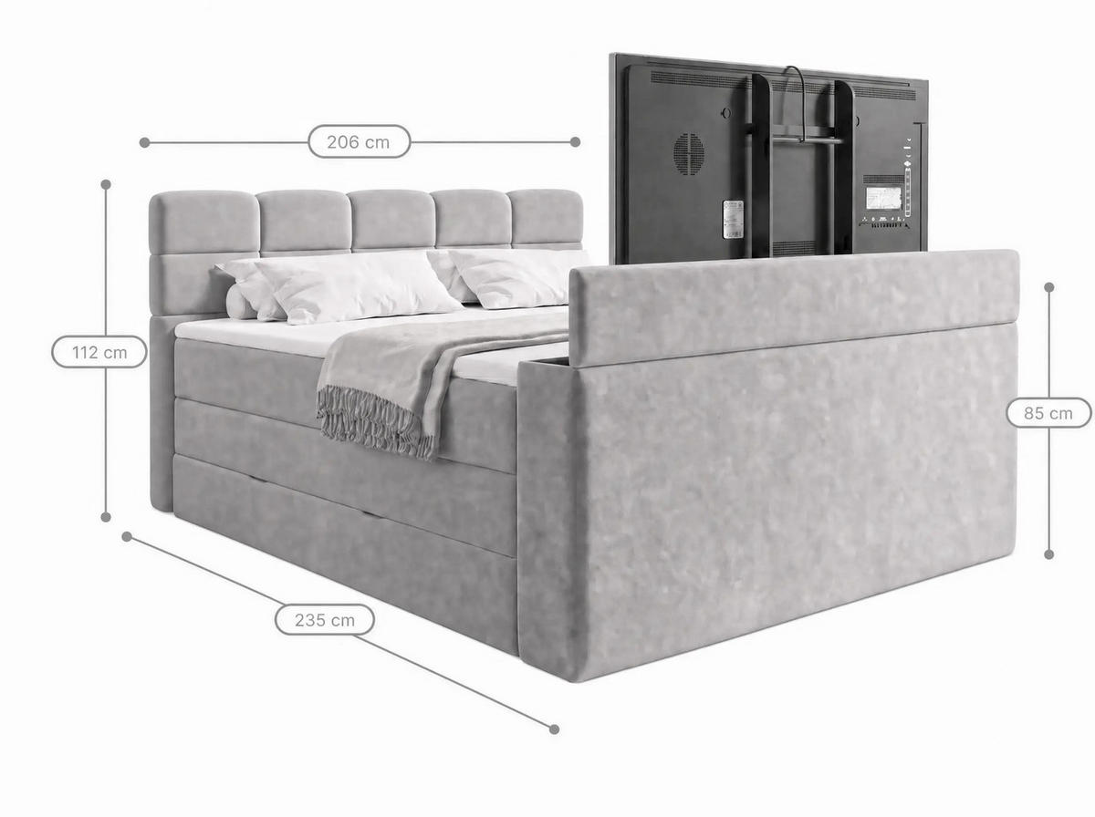 BOXSPRINGBETT Carenzo 3 Hellgrau 200/200 cm H3/H4 Samt inkl. Topper und TV-Lift - Hellgrau, Textil (200/200cm) - wonello