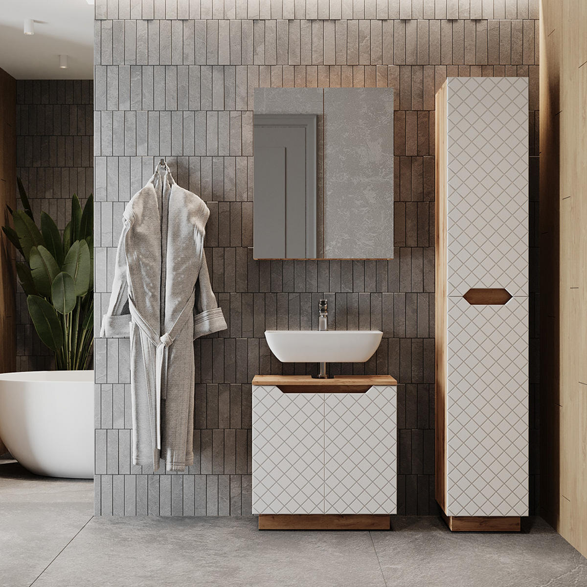 KOUPELNOVÝ NÁBYTEK Lotta Dub/bílá se strukturou dlaždic - bílá/barva dubu, kompozitní dřevo (59.8/62.1/32cm) - Vicco