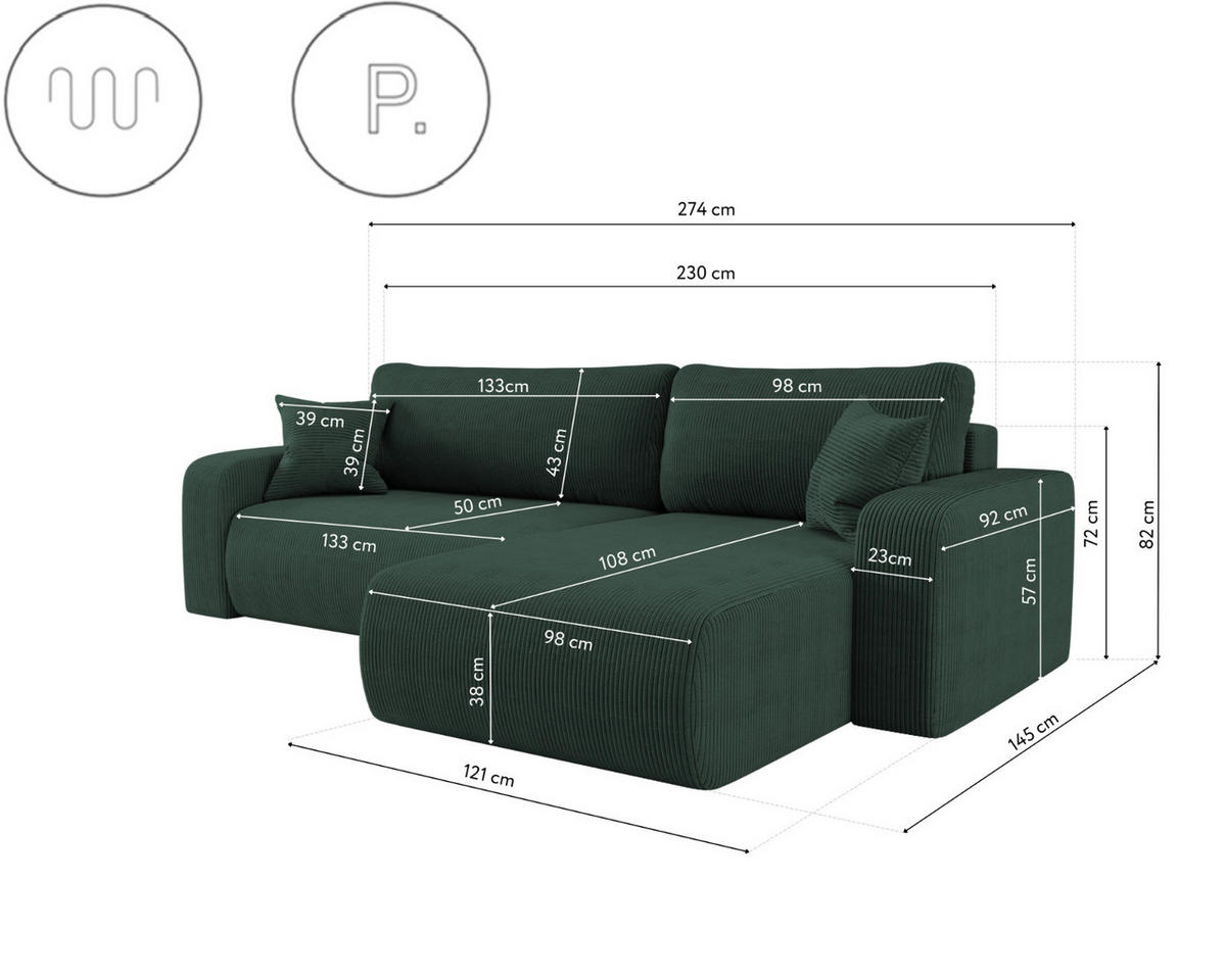 SCHLAFSOFA MILANO XL und bettkasten stoff Poso Dicker Cord Grün Rechts - Grün, Holz (274/82/145cm) - Kaiser Möbel