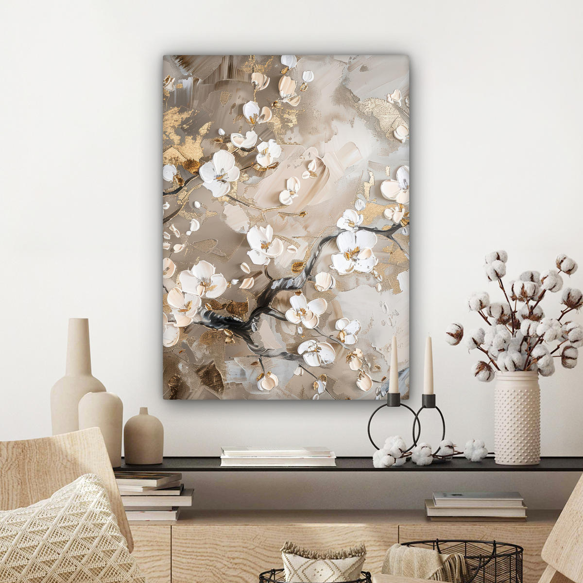 LEINWANDBILD - Blumen - Weiß - Gold - Beige - Luxus - 60x80 - Gemälde - Greige, Textil (60/80cm) - MuchoWow