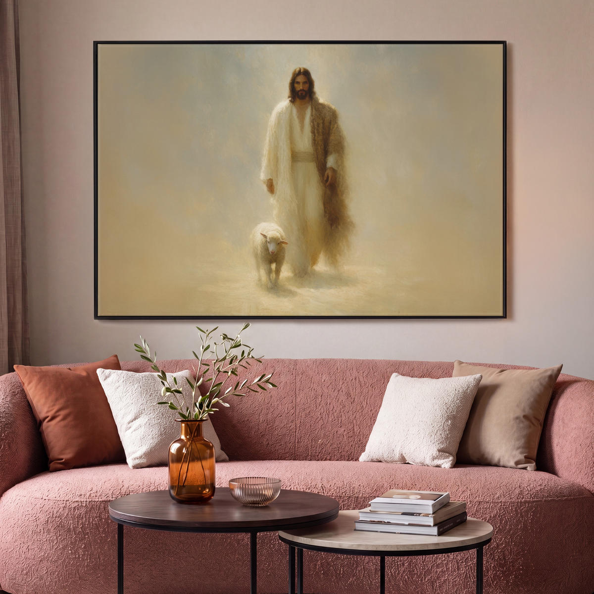 LEINWAND Bilder mit Rahmen - Schaf - Jesus - Pinselstriche - Abstrakt - 150x100 - Beige, Textil (150/100cm) - MuchoWow