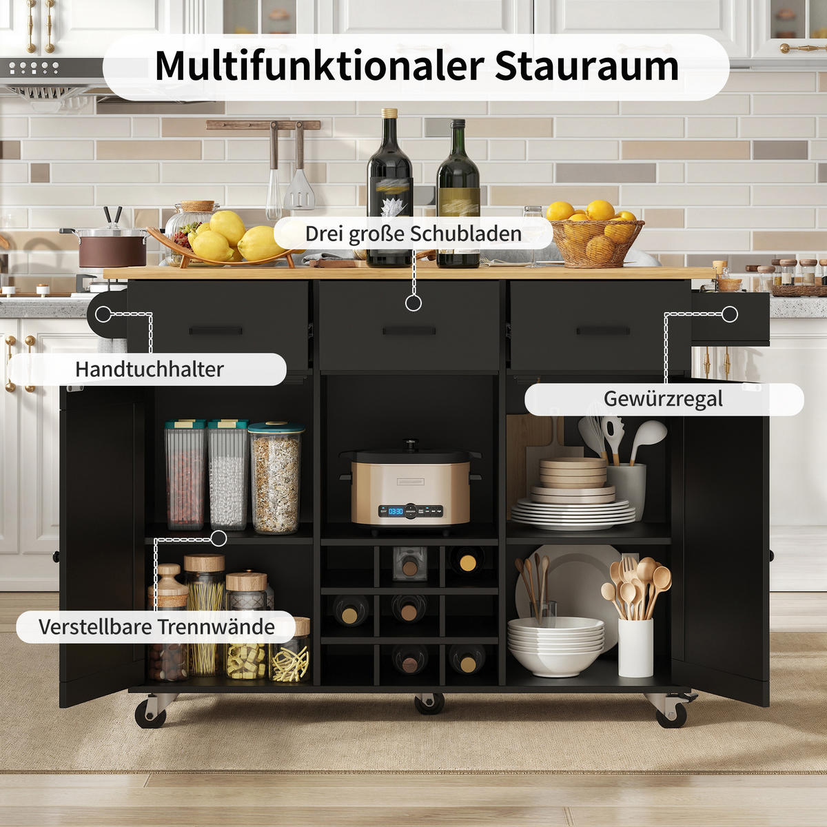 KÜCHENINSEL in Schwarz Küchenwagen mit Arbeitsplatte, Handtuchhalter und verstellbaren Trennwänden, B104/T39.5/H91.5cm - Schwarz, Holzwerkstoff/Metall (104/91.5/40cm) - STILVORA