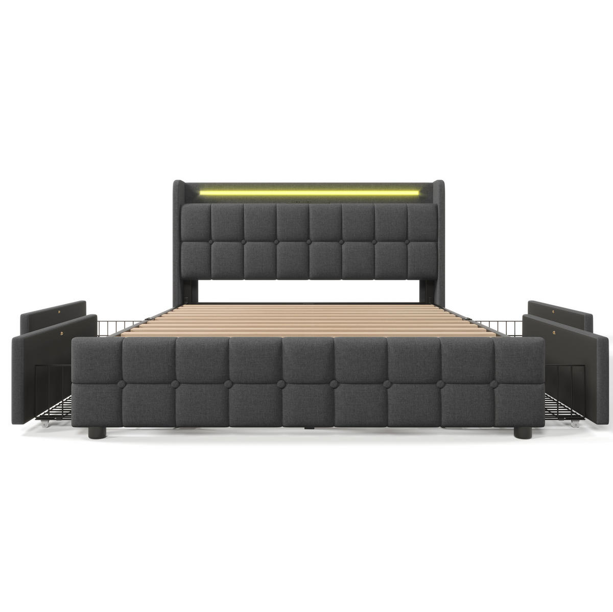 OBLAZINJENA lesena postelja 140/200 cm z LED osvetlitvijo, USB priključki, vtičnicami in 4 predali, Siva - siva, les (140/140cm) - Redom