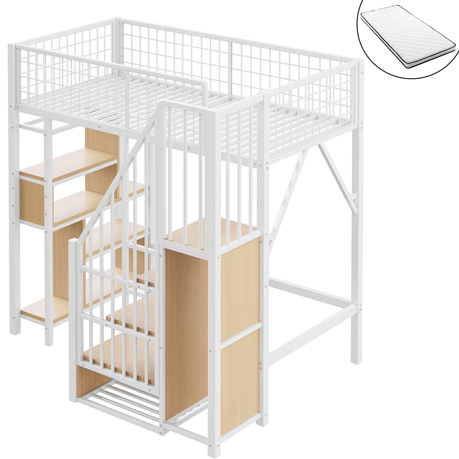 HOCHBETT 90/200 cm weiß Metallbett mit Stauraumtreppe und Ablageflächen mit Matratze - Weiß, Metall (90/200cm) - OKWISH