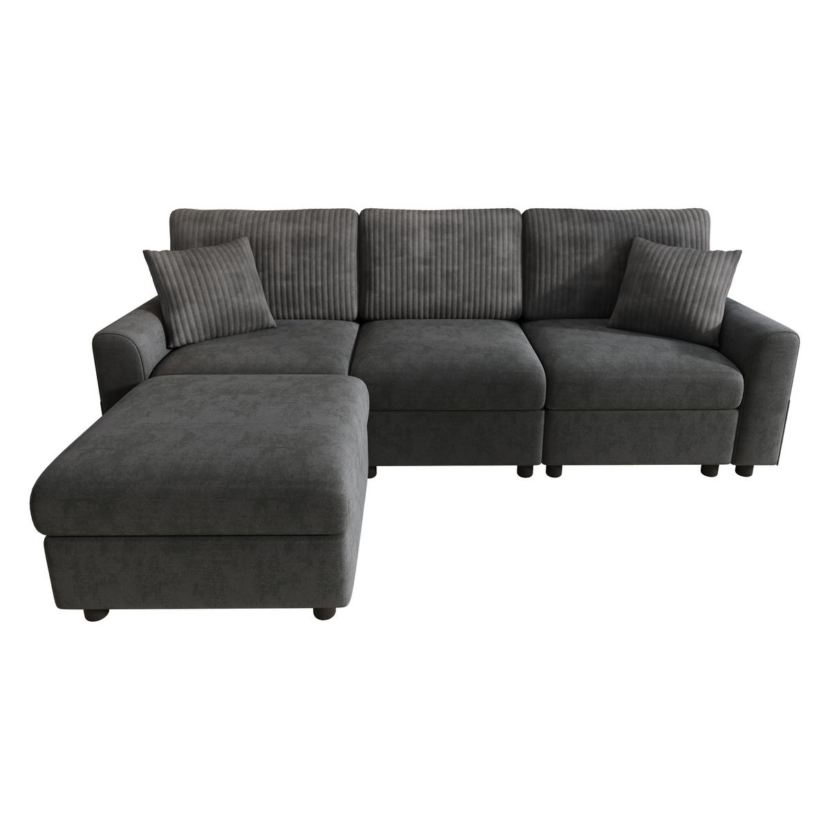 ECKSOFA 223/146/84 cm Schwarz mit 1 Fußhocker, 2 quadratischen Kissen, 1 USB-Anschluss und 1 Type-C-Anschluss - Schwarz, Textil (146/84/223cm) - Oxeza