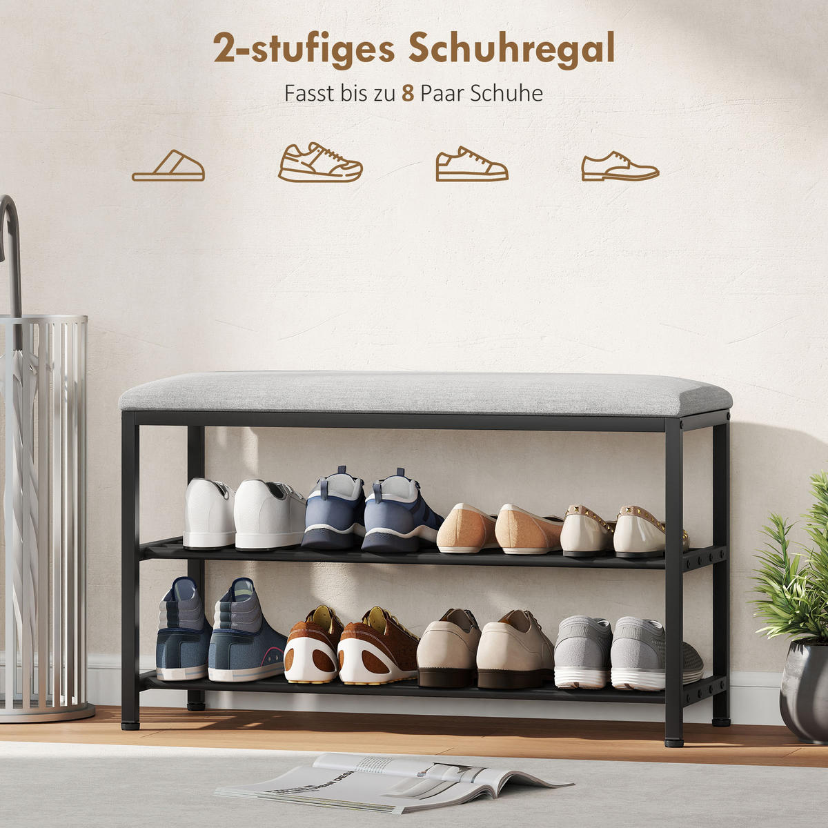 SCHUHBANK mit Sitzfläche, Sitzbank mit Stauraum, Schuhregal mit 2 offene Fächer - Dunkelgrau/Schwarz, Metall (31/50/81cm) - HOMCOM