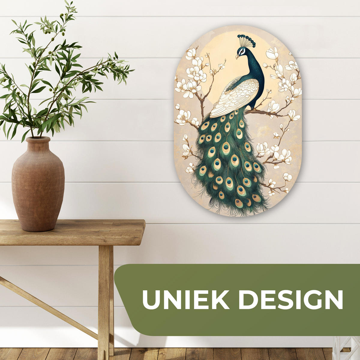 WANDBILD Pfau - Zweig - Blumen Deko Wohnzimmer 40x60 cm - Champagner, Kunststoff (40/60cm) - MuchoWow