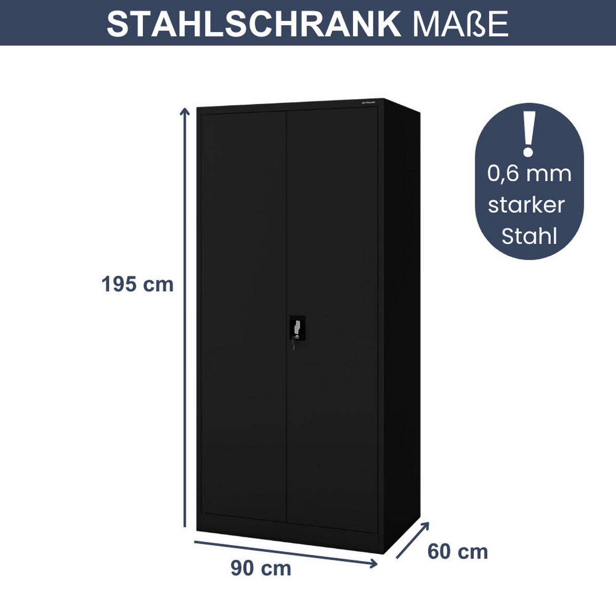 AKTENSCHRANK abschließbar KADO Flügeltüren 195x90x60cm Schwarz - Schwarz, Metall (90/195/60cm) - DELUKE
