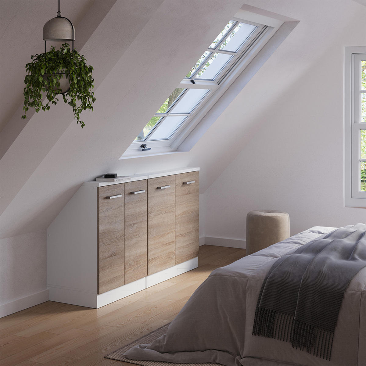 KUCHYŇSKÁ SKŘÍŇKA POD ŠIKMOU STŘECHU R-Line Sonoma/bílá - bílá/Sonoma dub, kompozitní dřevo (140/81.6/46cm) - Vicco