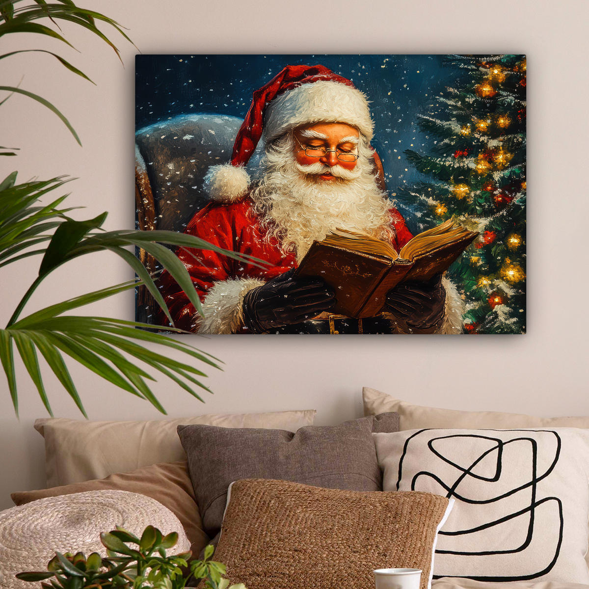 LEINWANDBILD Weihnachtsmann - Weihnachten - Winter - Weihnachtsbaum Wandbilder 80x60 cm - Bordeaux, Textil (80/60cm) - MuchoWow